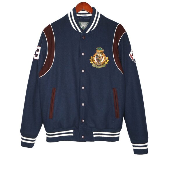 Roots Canada Wool Blend Varsity Jacket Navy Blue & Maroon Patches Mens Classic - Picture 2 of 14